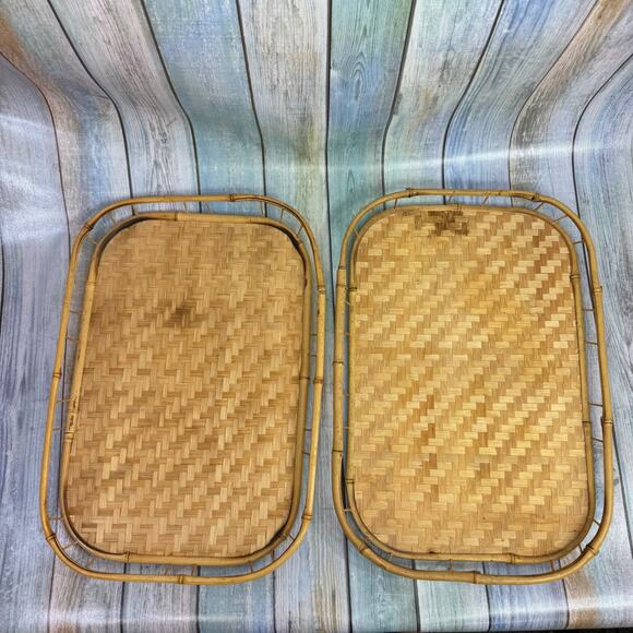 MCM Wicker Rattan Bamboo Serving Tray Set of 4 Tiki Tropical Beach Lap Vintage - Picture 3 of 8